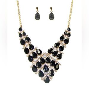 Large Black Elegant V Shape Crystal Statement Necklace and Matching Earrings
